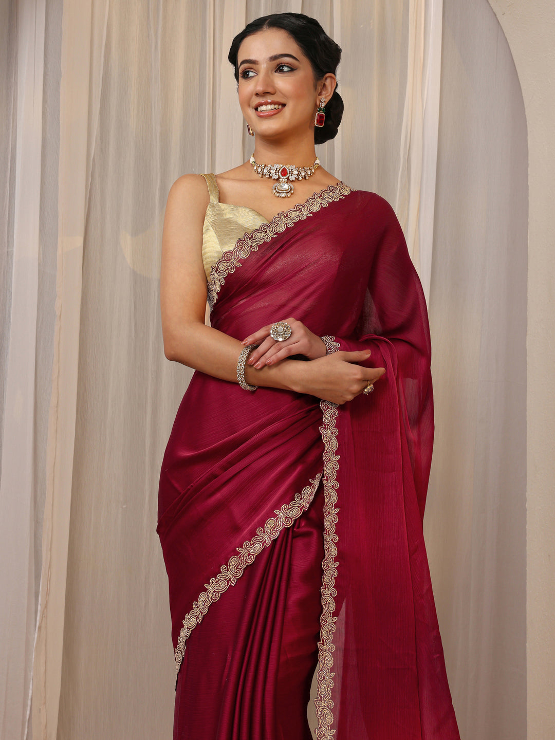  Maroon Embellished Satin Saree With Unstitched Blouse Piece 