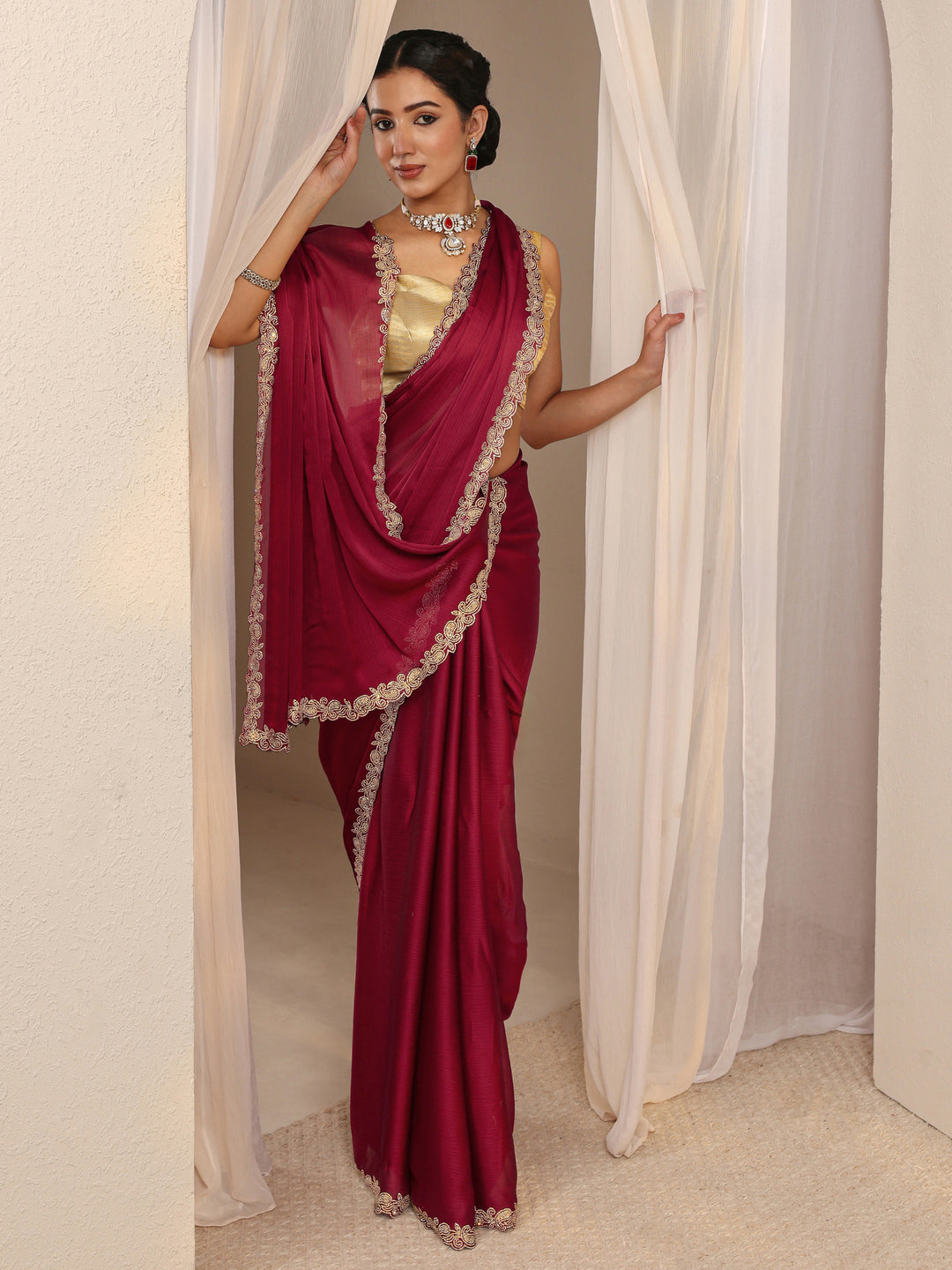  Maroon Embellished Satin Saree With Unstitched Blouse Piece 