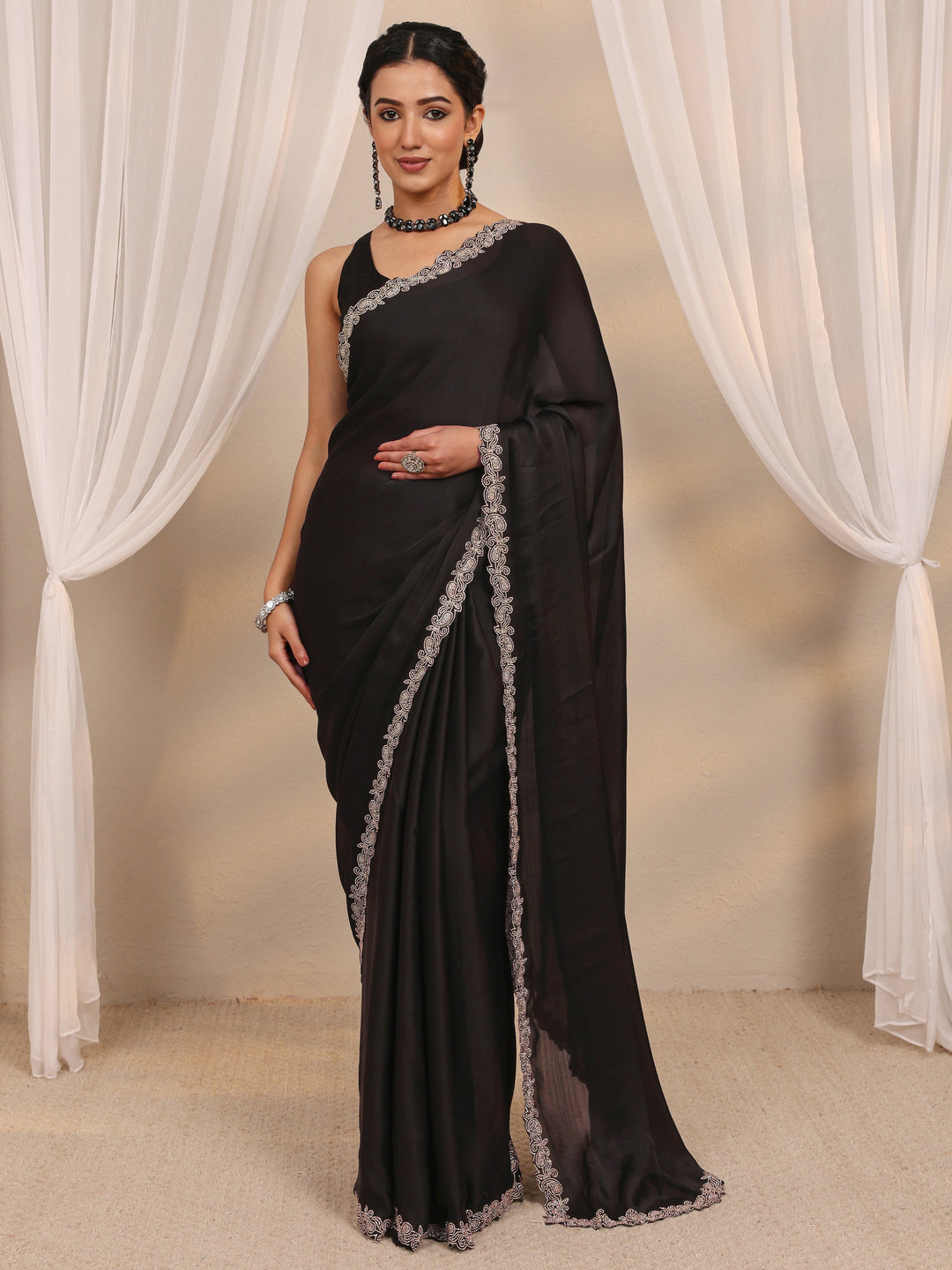  Black Embellished Satin Saree With Unstitched Blouse Piece 