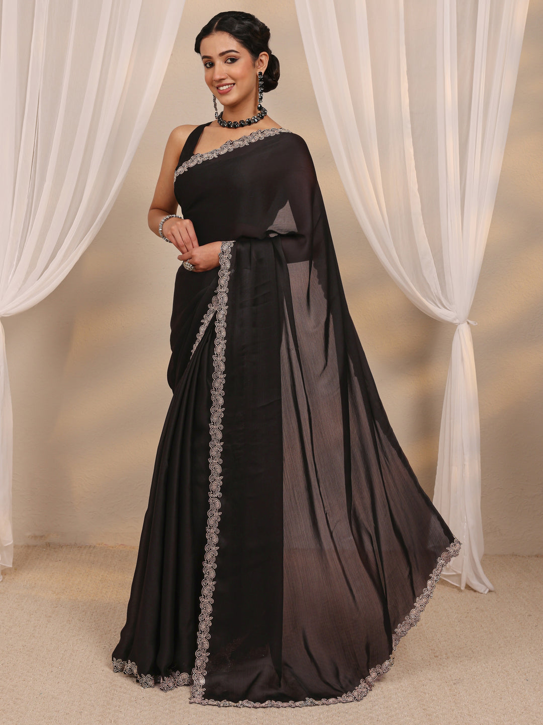  Black Embellished Satin Saree With Unstitched Blouse Piece 