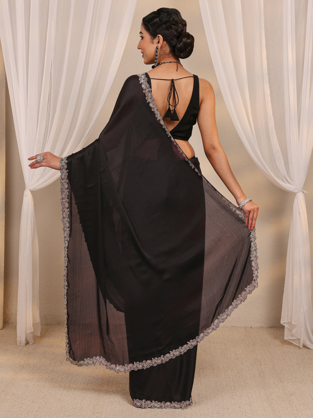  Black Embellished Satin Saree With Unstitched Blouse Piece 