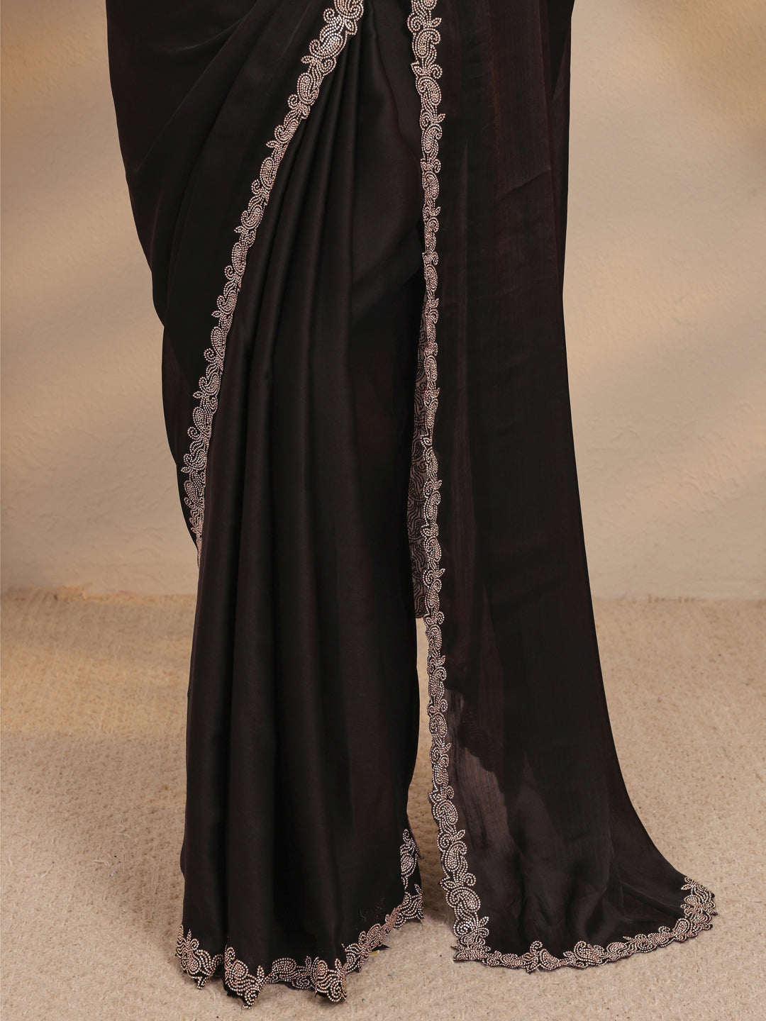  Black Embellished Satin Saree With Unstitched Blouse Piece 