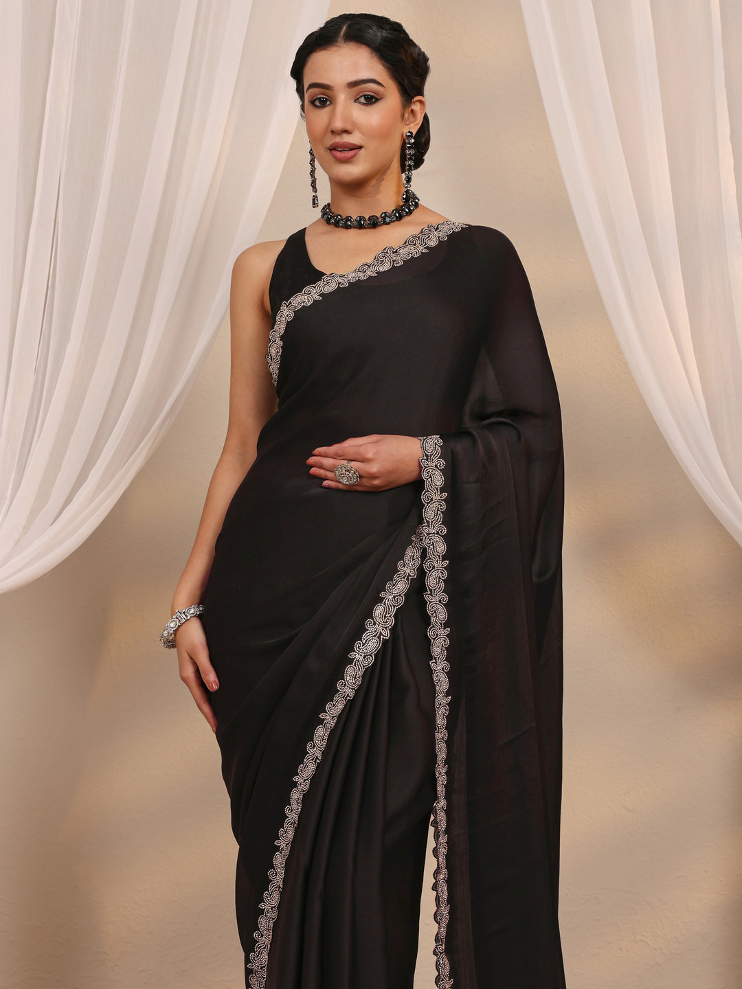  Black Embellished Satin Saree With Unstitched Blouse Piece 