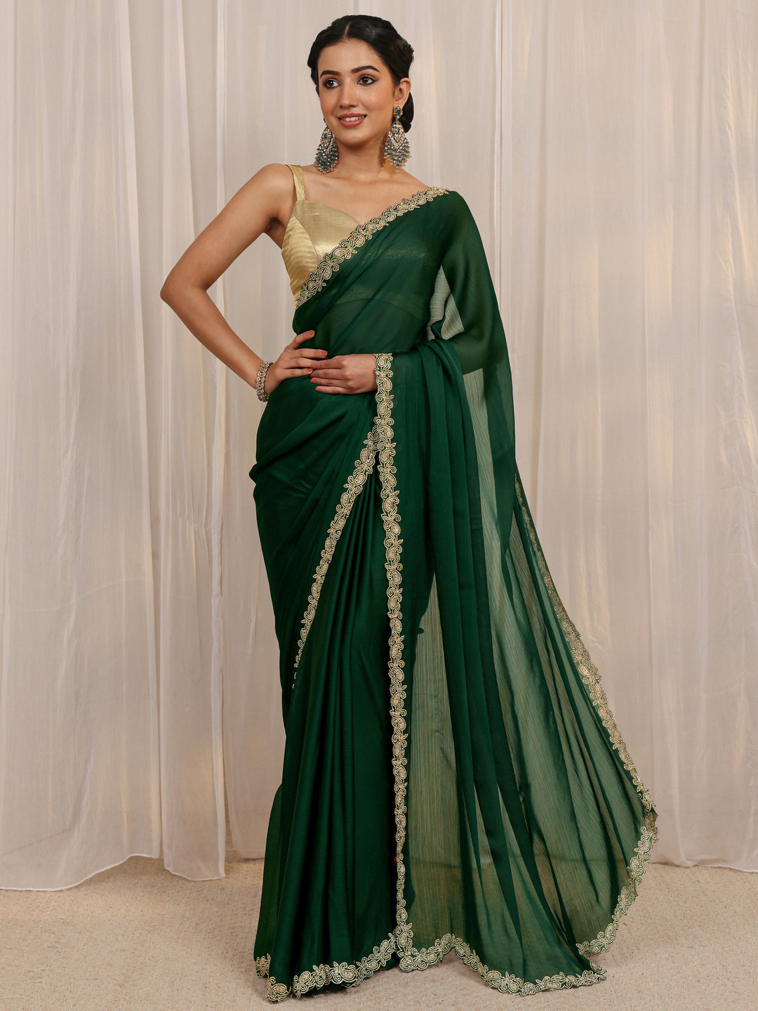  Green Embellished Satin Saree With Unstitched Blouse Piece 