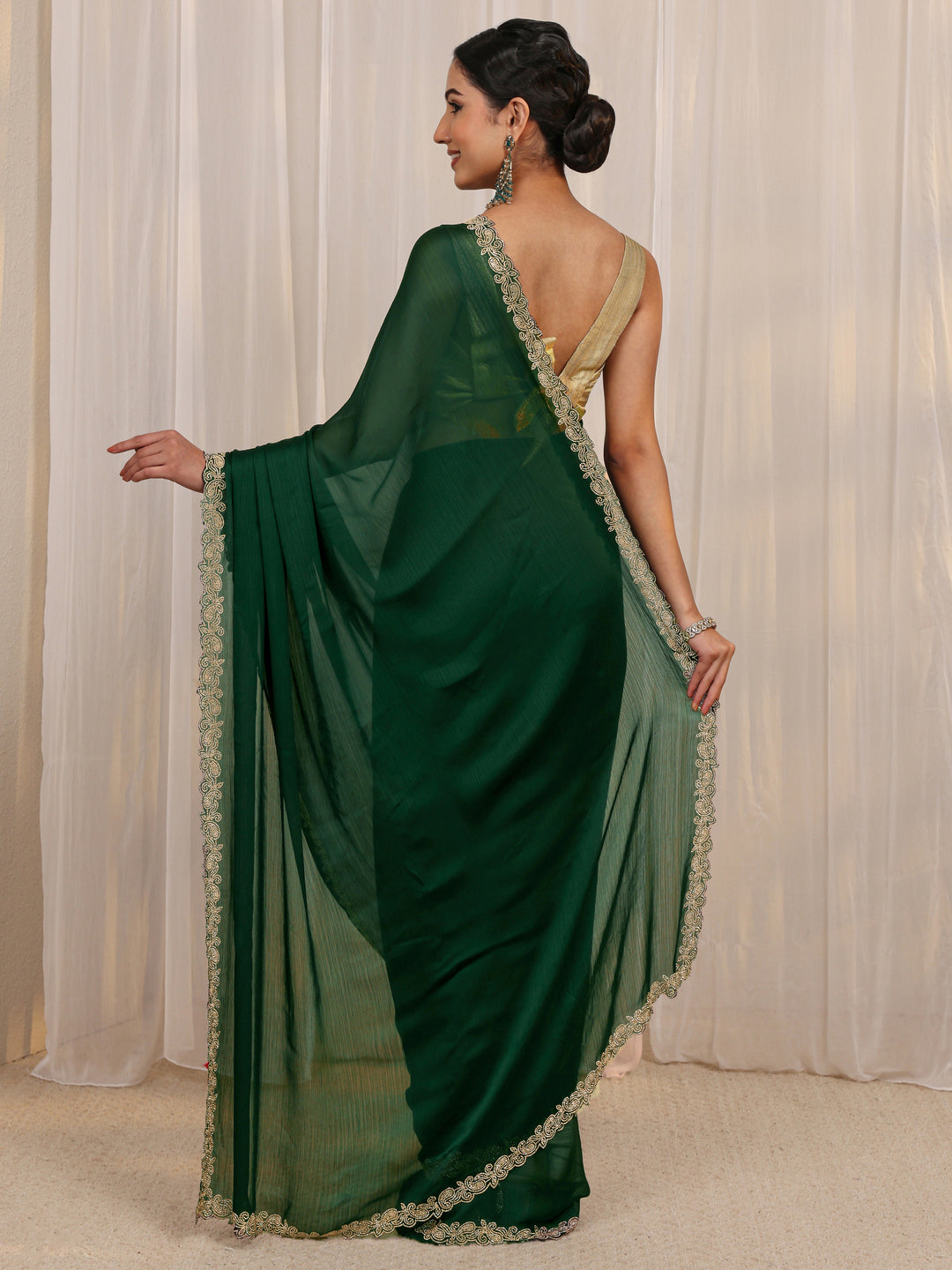  Green Embellished Satin Saree With Unstitched Blouse Piece 