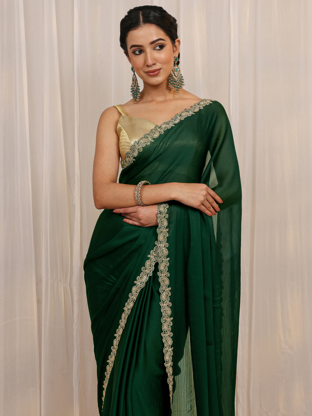  Green Embellished Satin Saree With Unstitched Blouse Piece 