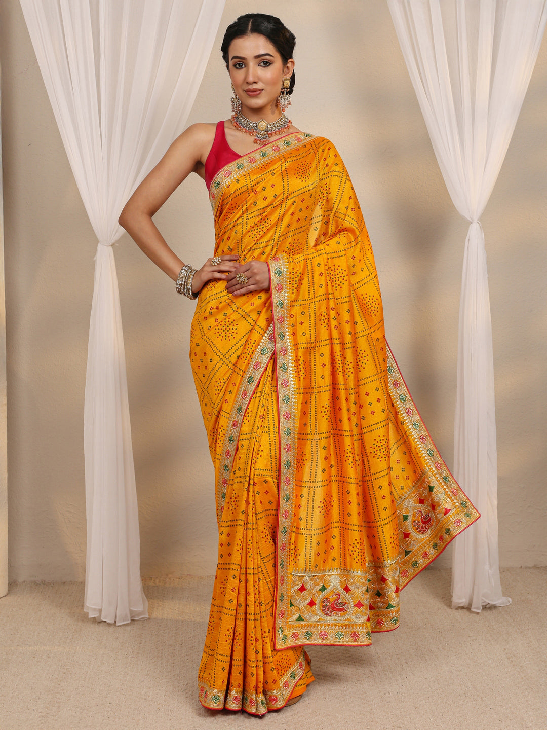  Mustard Bandhani Printed Silk Blend Saree With Unstitched Blouse Piece 