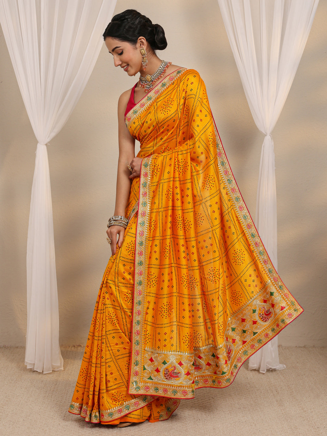  Mustard Bandhani Printed Silk Blend Saree With Unstitched Blouse Piece 