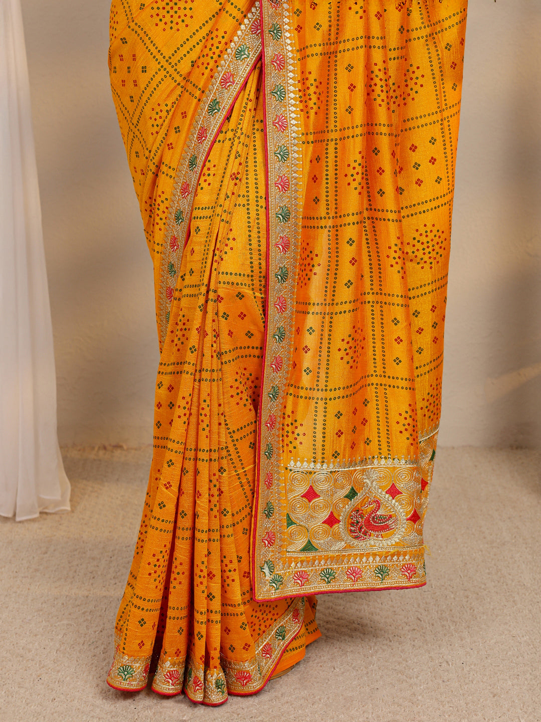  Mustard Bandhani Printed Silk Blend Saree With Unstitched Blouse Piece 