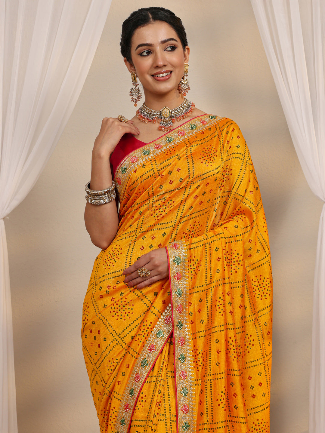  Mustard Bandhani Printed Silk Blend Saree With Unstitched Blouse Piece 