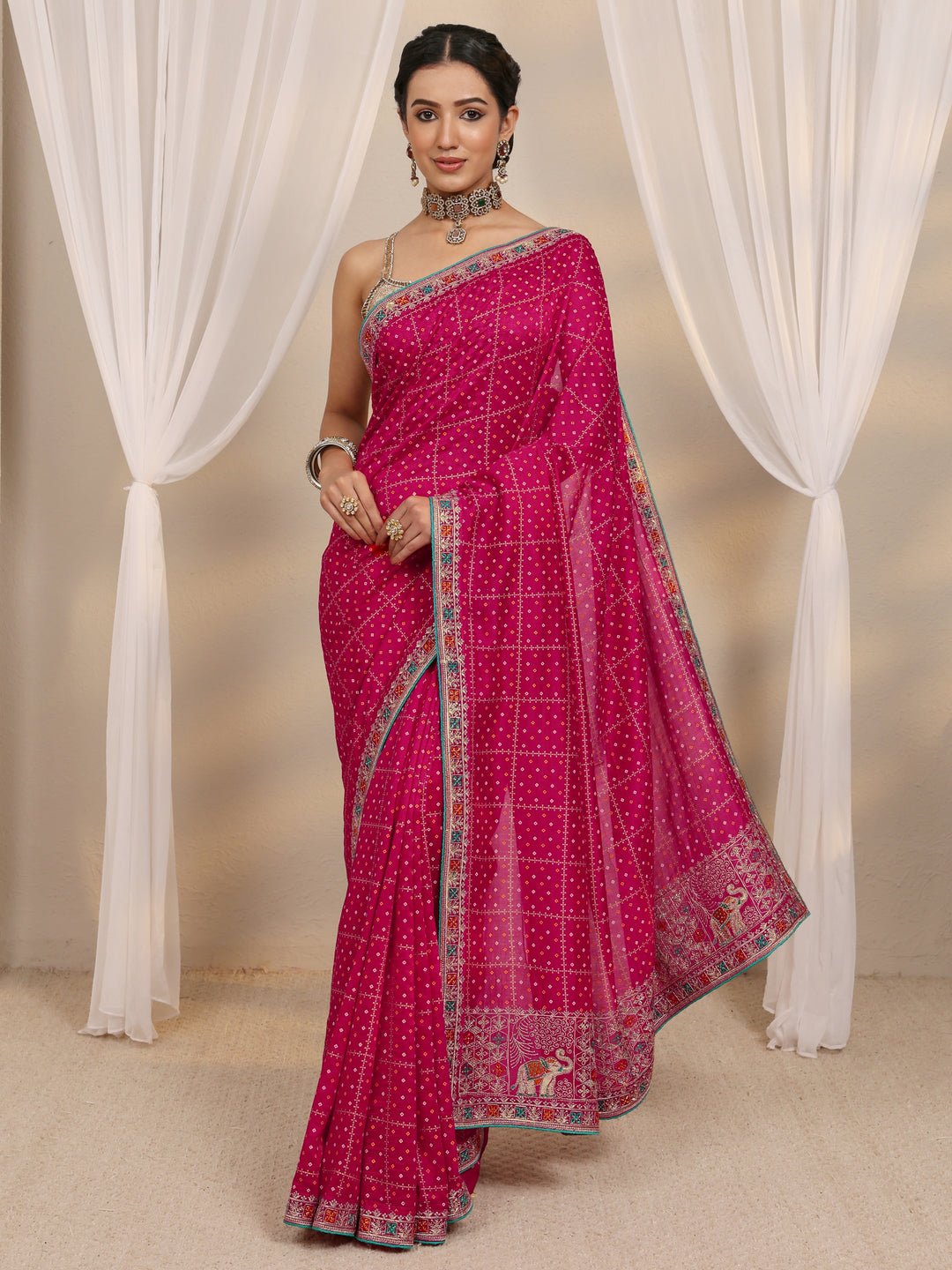  Pink Bandhani Printed Silk Blend Saree With Unstitched Blouse Piece 