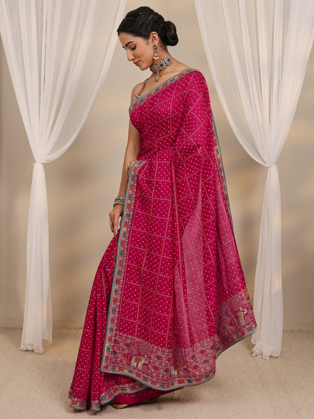  Pink Bandhani Printed Silk Blend Saree With Unstitched Blouse Piece 