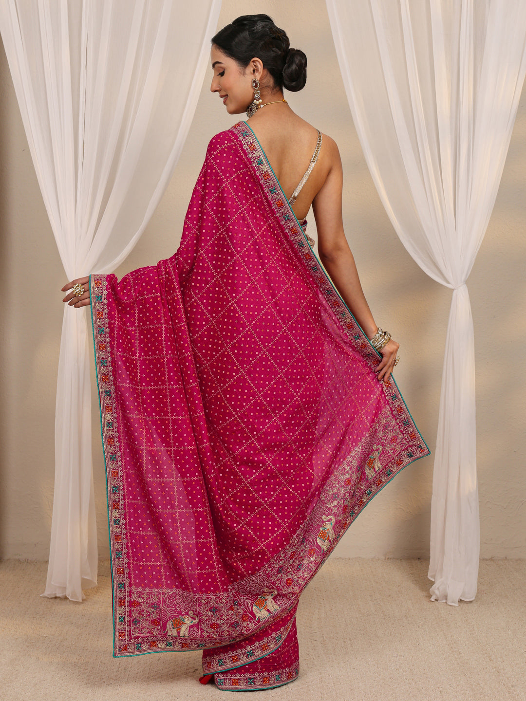  Pink Bandhani Printed Silk Blend Saree With Unstitched Blouse Piece 