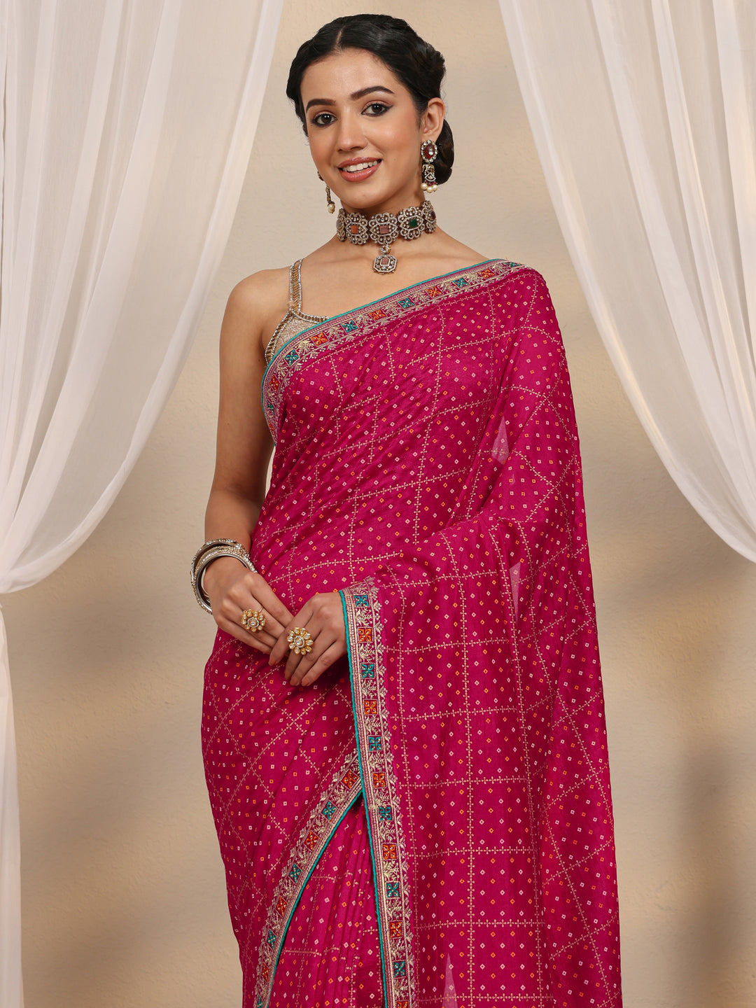  Pink Bandhani Printed Silk Blend Saree With Unstitched Blouse Piece 