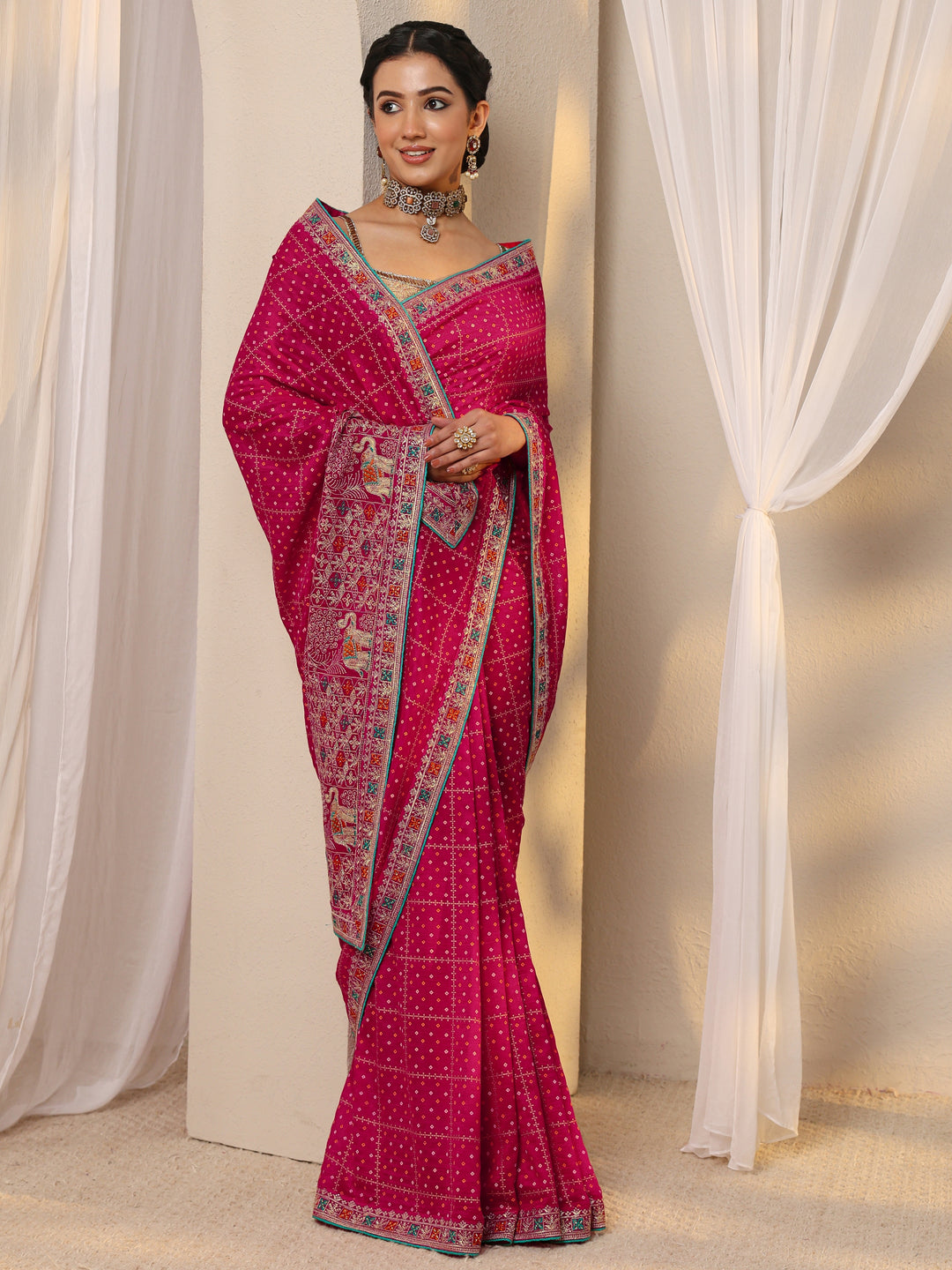 Pink Bandhani Printed Silk Blend Saree With Unstitched Blouse Piece 