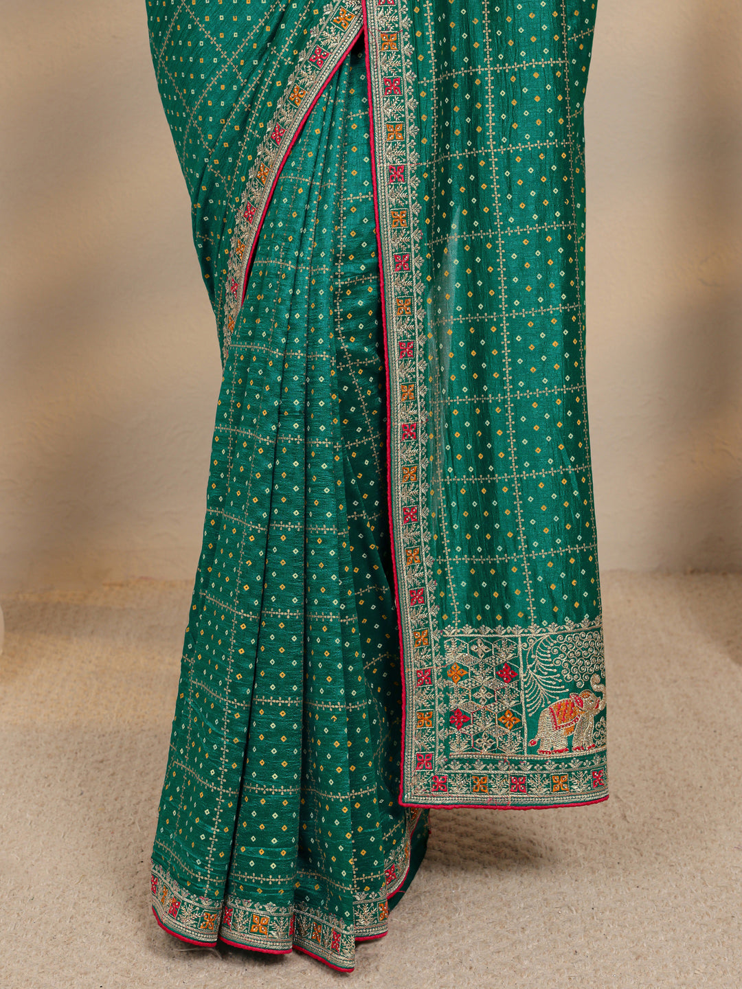  Green Bandhani Printed Silk Blend Saree With Unstitched Blouse Piece 