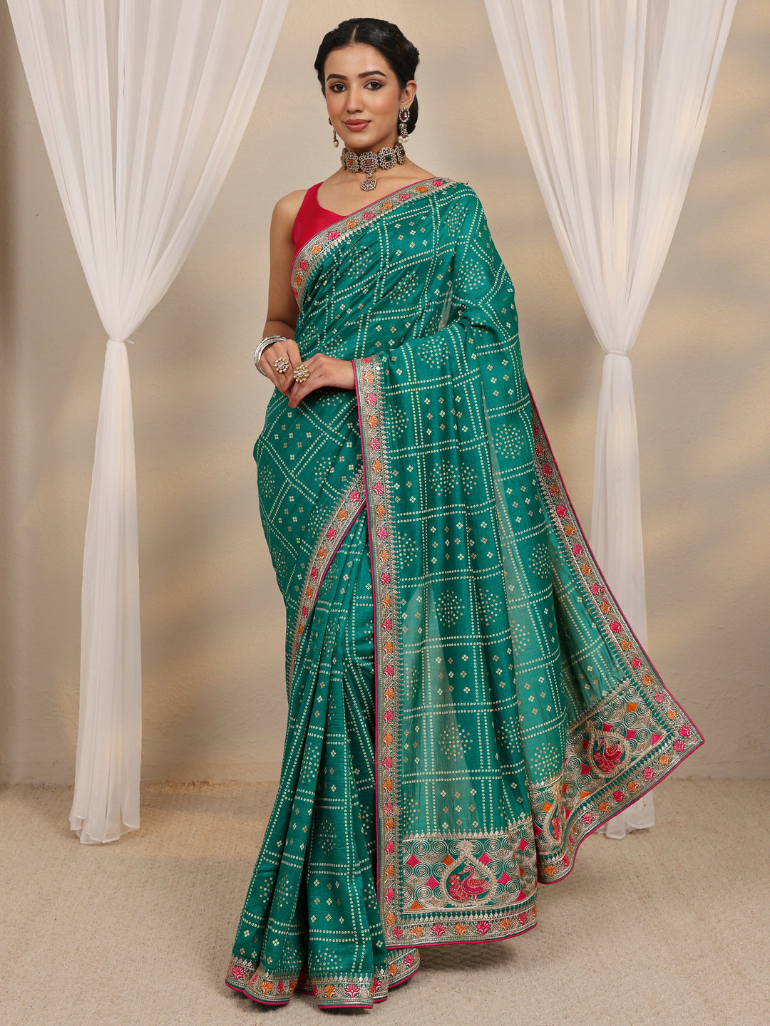  Green Bandhani Printed Silk Blend Saree With Unstitched Blouse Piece 