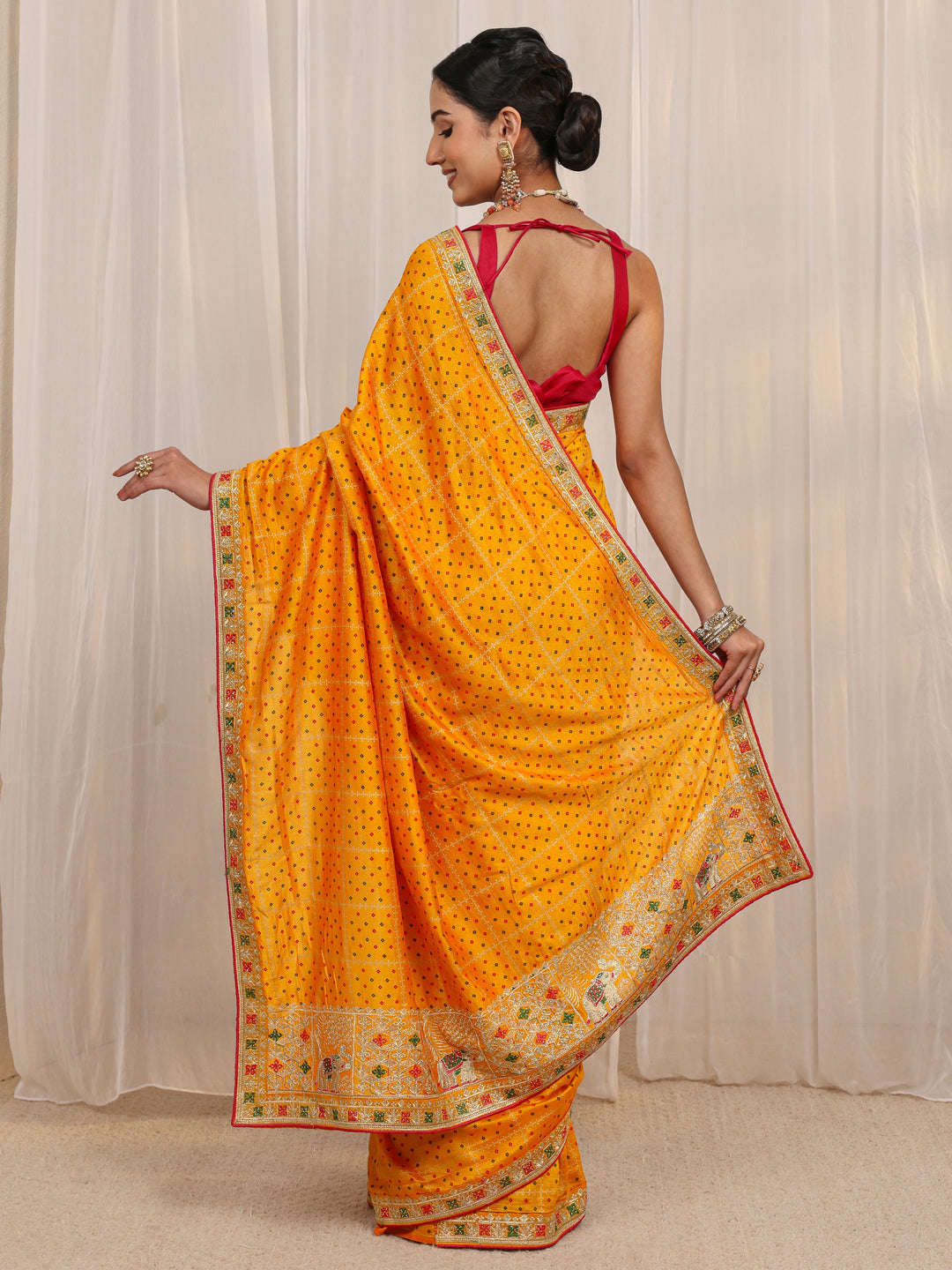  Mustard Bandhani Printed Silk Blend Saree With Unstitched Blouse Piece 