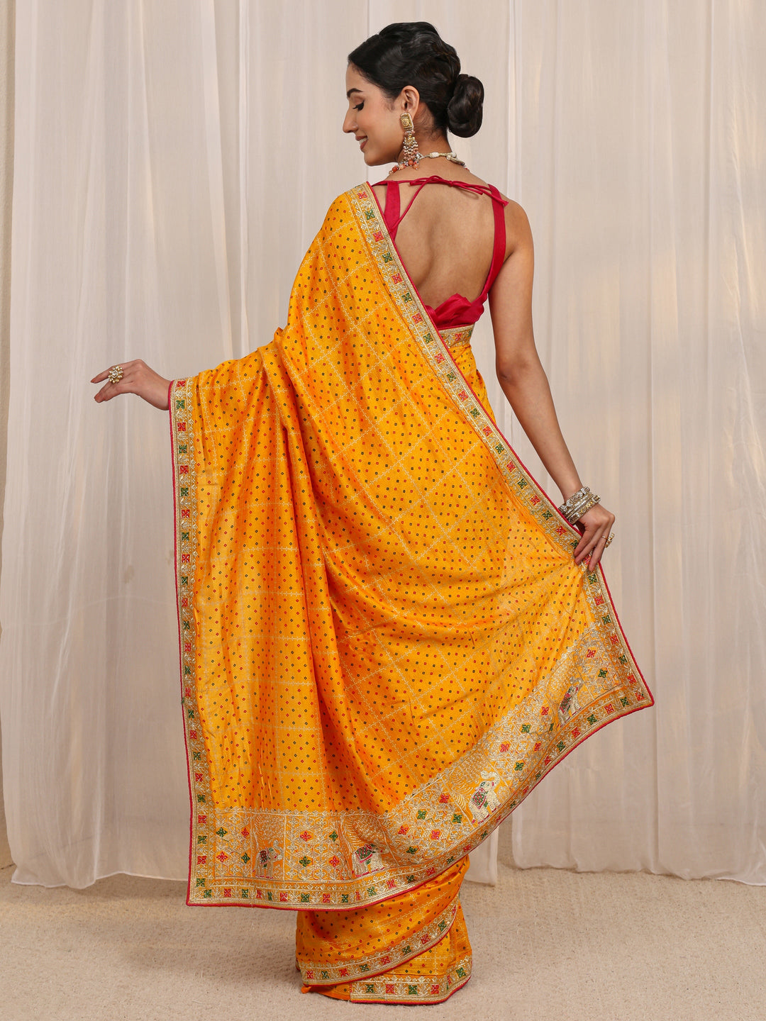  Mustard Bandhani Printed Silk Blend Saree With Unstitched Blouse Piece 