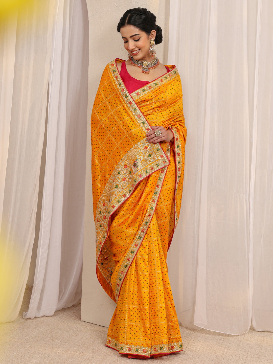  Mustard Bandhani Printed Silk Blend Saree With Unstitched Blouse Piece 