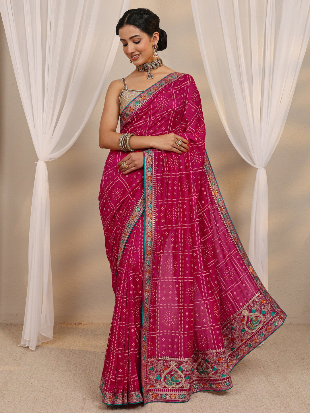  Pink Bandhani Printed Silk Blend Saree With Unstitched Blouse Piece 