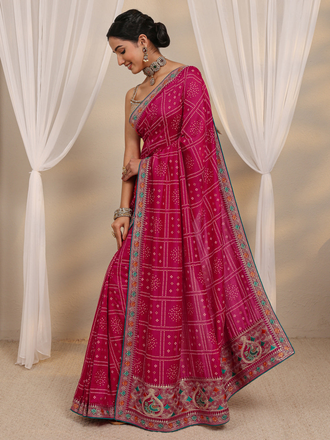  Pink Bandhani Printed Silk Blend Saree With Unstitched Blouse Piece 