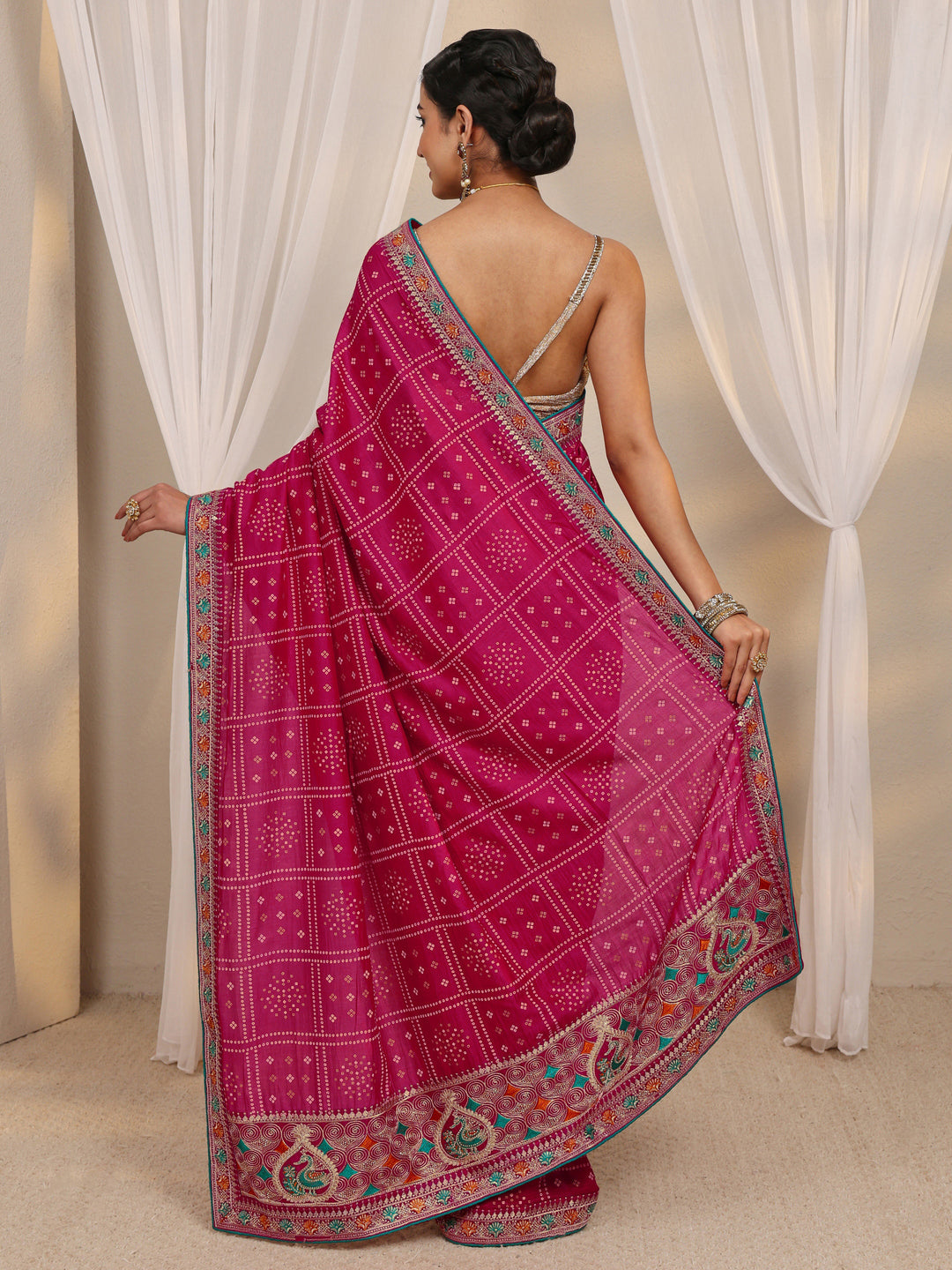  Pink Bandhani Printed Silk Blend Saree With Unstitched Blouse Piece 