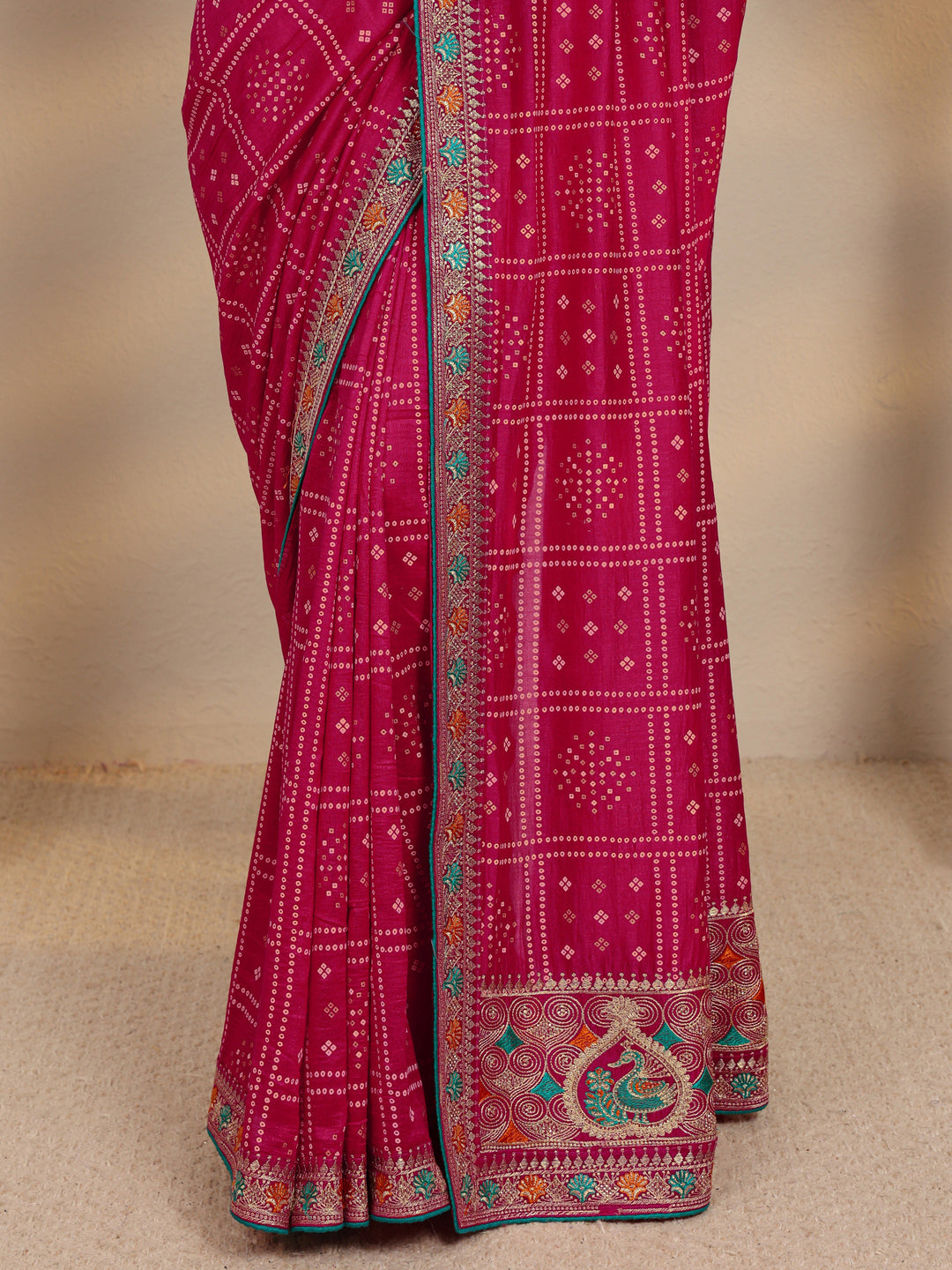  Pink Bandhani Printed Silk Blend Saree With Unstitched Blouse Piece 
