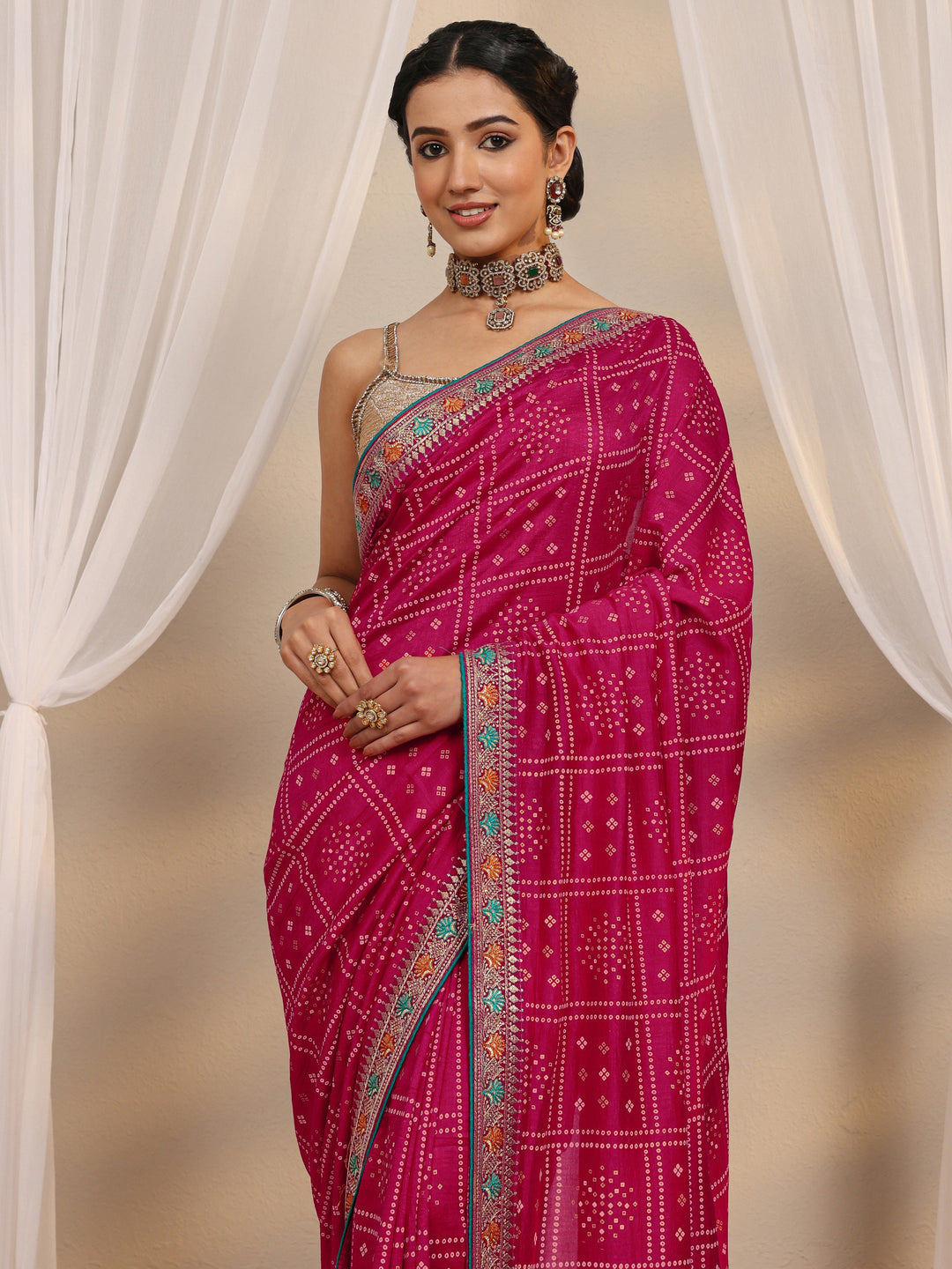  Pink Bandhani Printed Silk Blend Saree With Unstitched Blouse Piece 