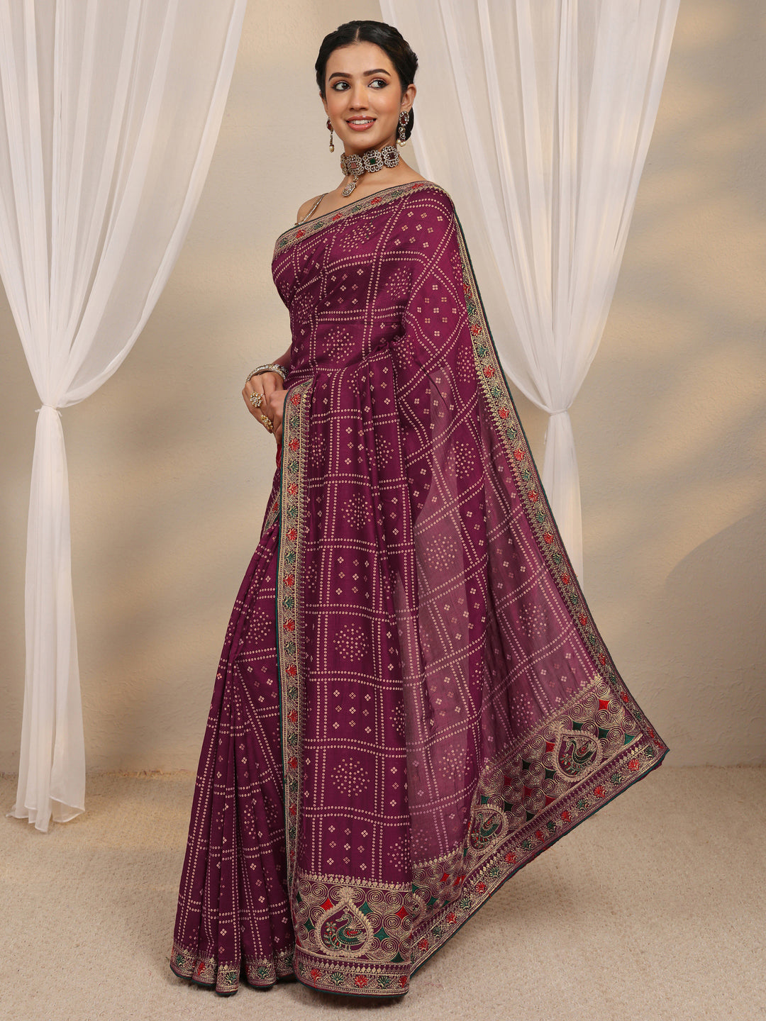  Maroon Bandhani Printed Silk Blend Saree With Unstitched Blouse Piece 