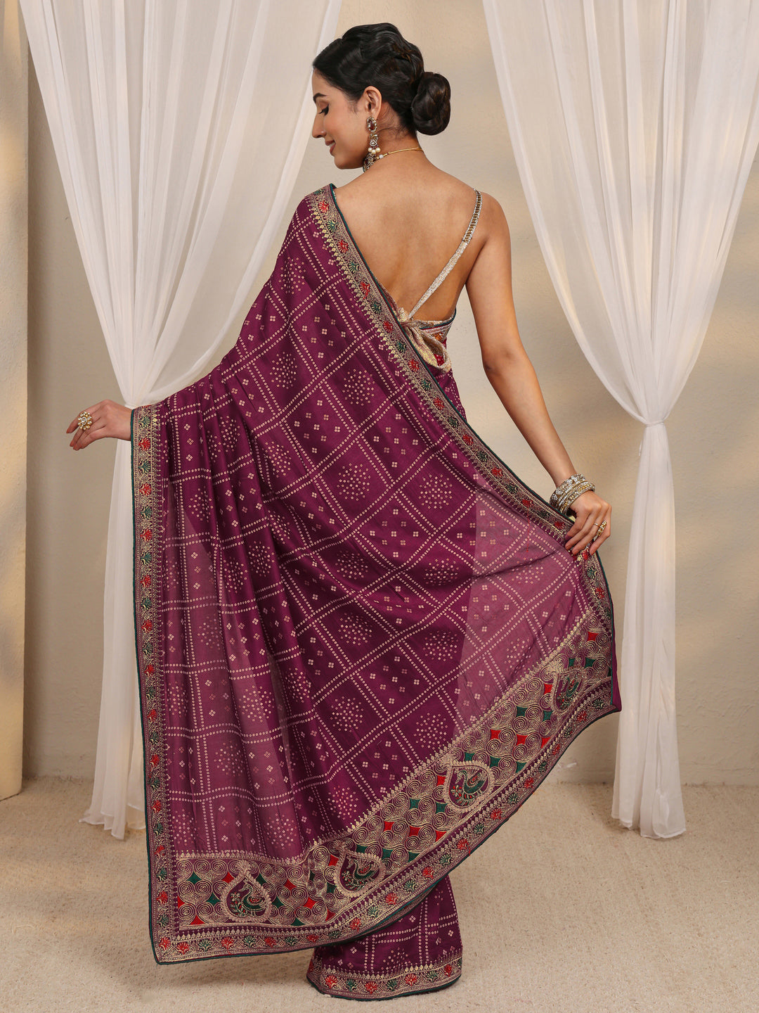  Maroon Bandhani Printed Silk Blend Saree With Unstitched Blouse Piece 