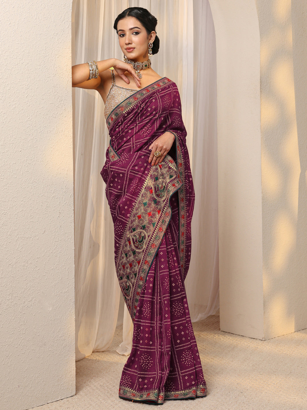  Maroon Bandhani Printed Silk Blend Saree With Unstitched Blouse Piece 