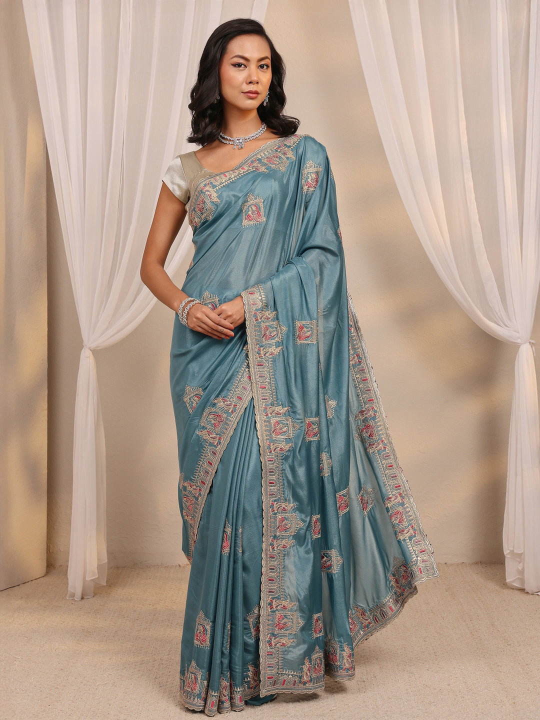  Libas Blue Ethnic Motif Embellished Satin Saree With Unstitched Blouse Piece 