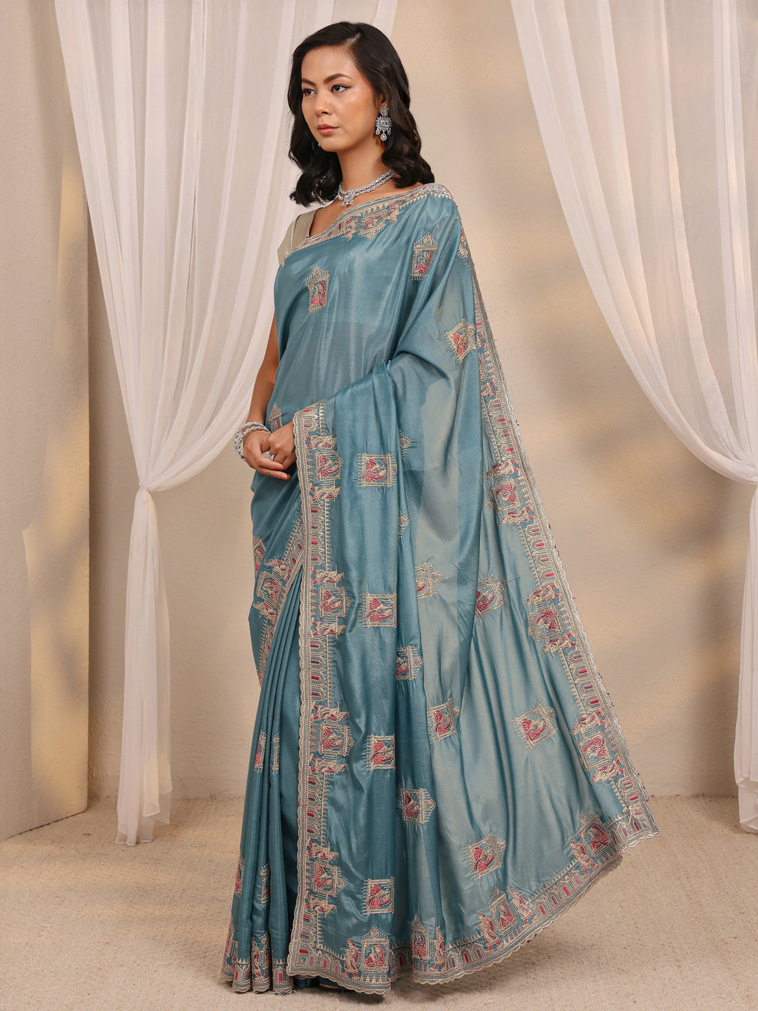  Libas Blue Ethnic Motif Embellished Satin Saree With Unstitched Blouse Piece 