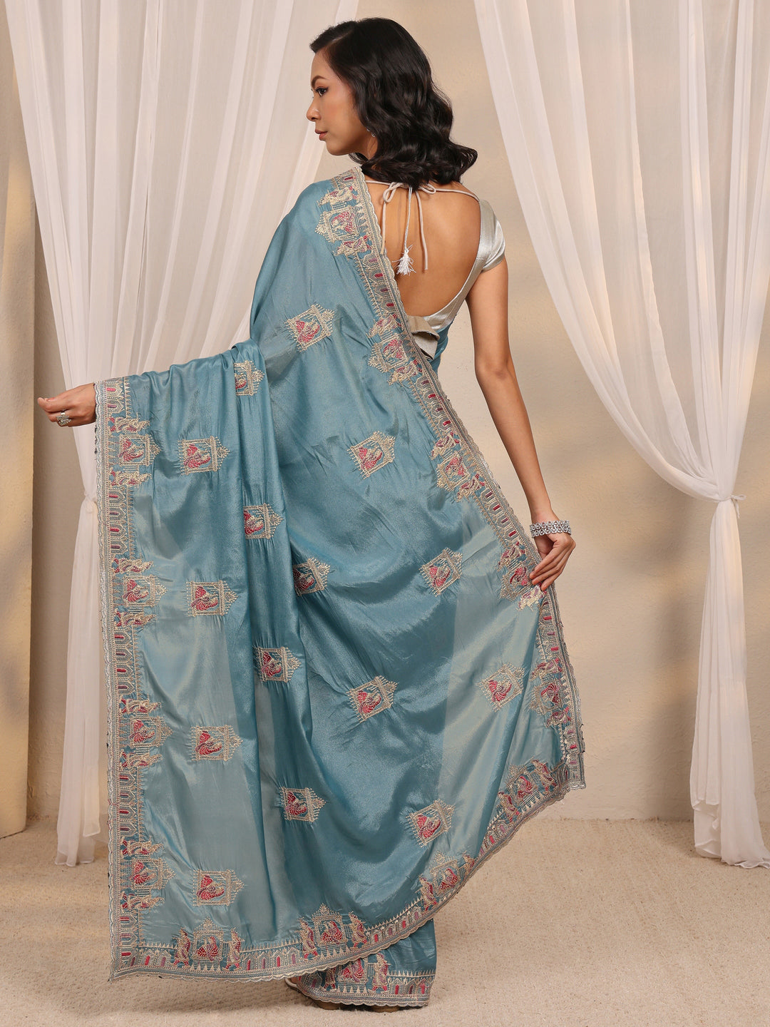  Libas Blue Ethnic Motif Embellished Satin Saree With Unstitched Blouse Piece 