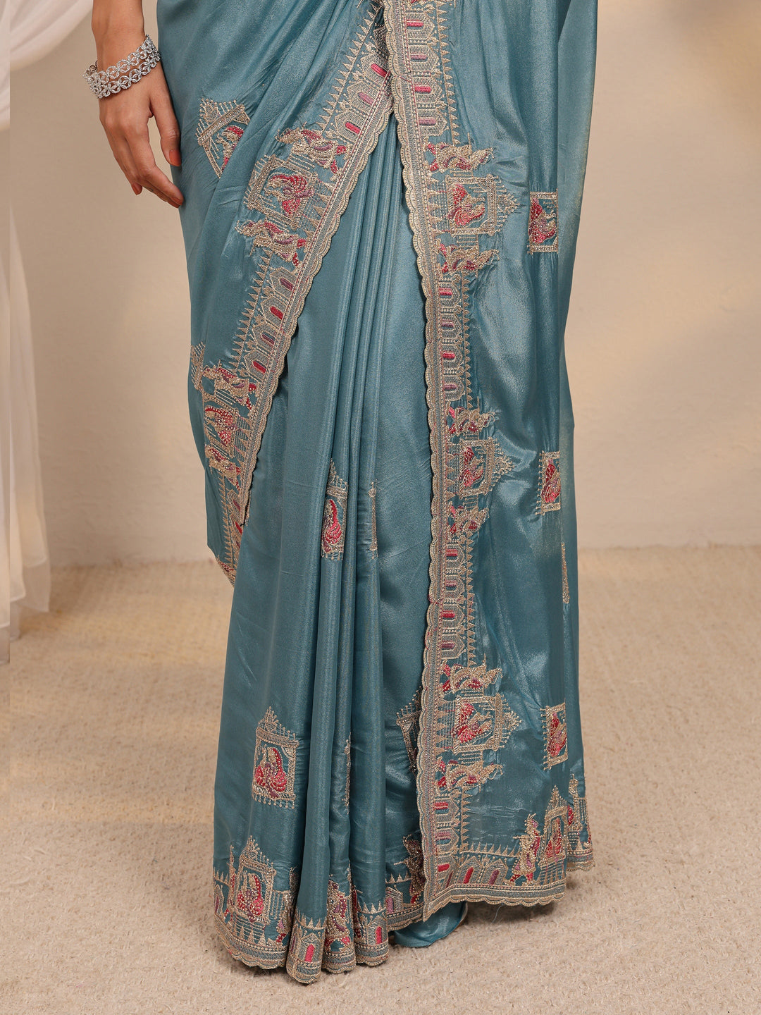  Libas Blue Ethnic Motif Embellished Satin Saree With Unstitched Blouse Piece 