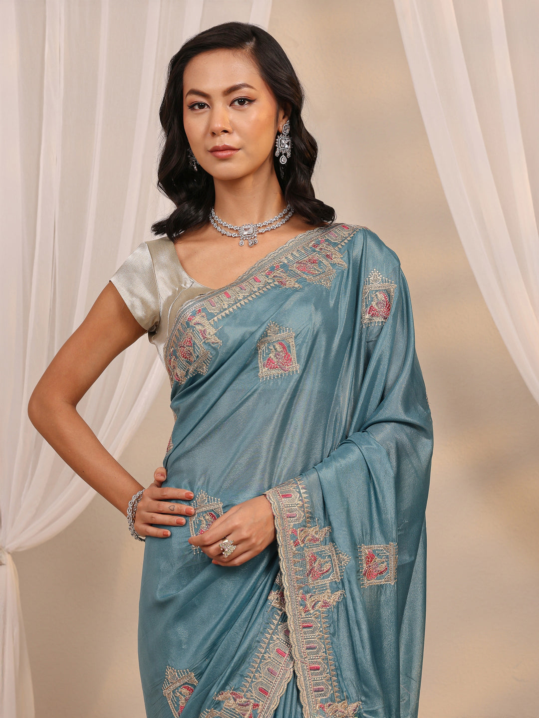  Libas Blue Ethnic Motif Embellished Satin Saree With Unstitched Blouse Piece 