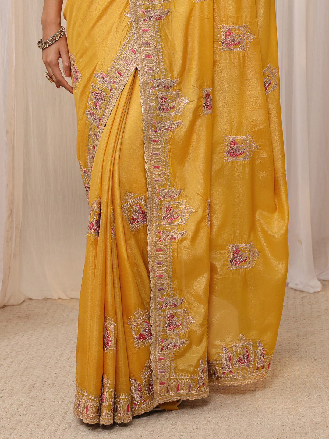  Mustard Ethnic Motif Embellished Satin Saree With Unstitched Blouse Piece 