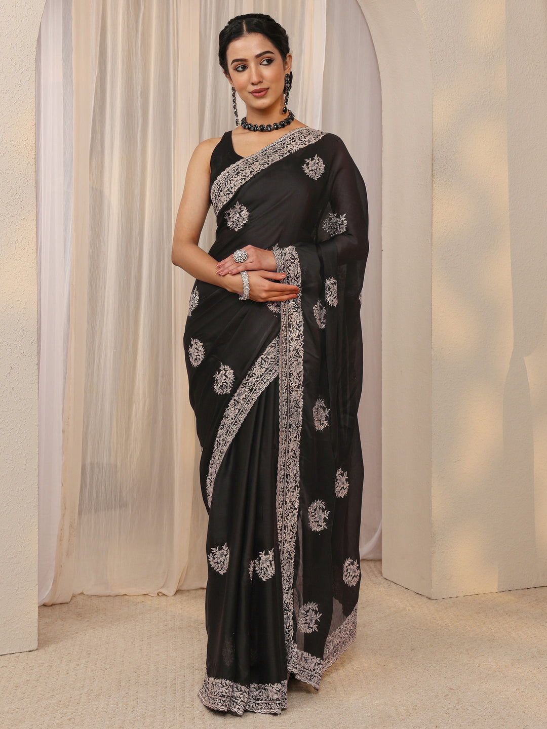  Black Floral Embellished Satin Saree With Unstitched Blouse Piece 