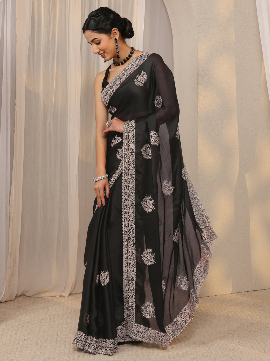  Black Floral Embellished Satin Saree With Unstitched Blouse Piece 