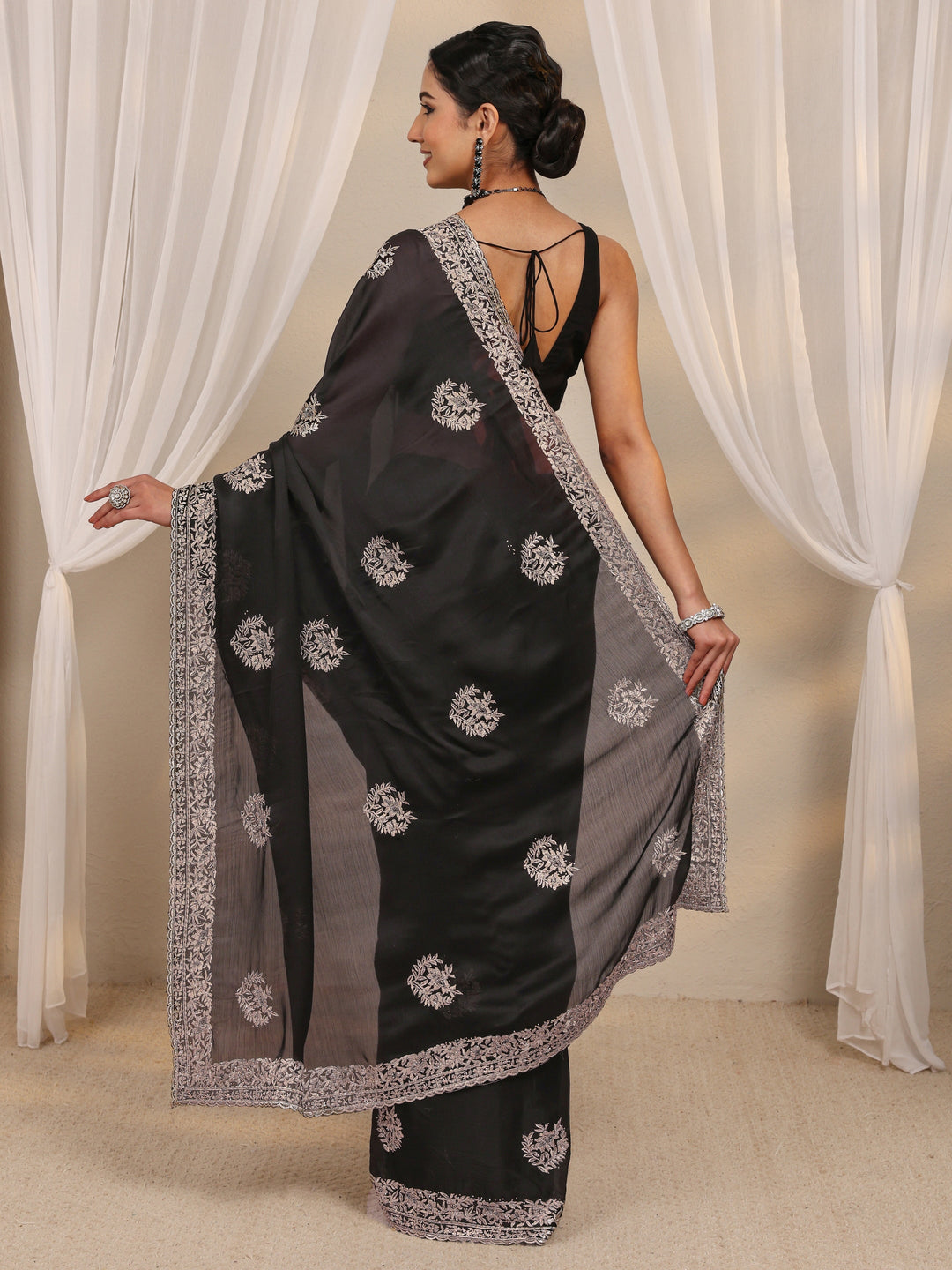  Black Floral Embellished Satin Saree With Unstitched Blouse Piece 