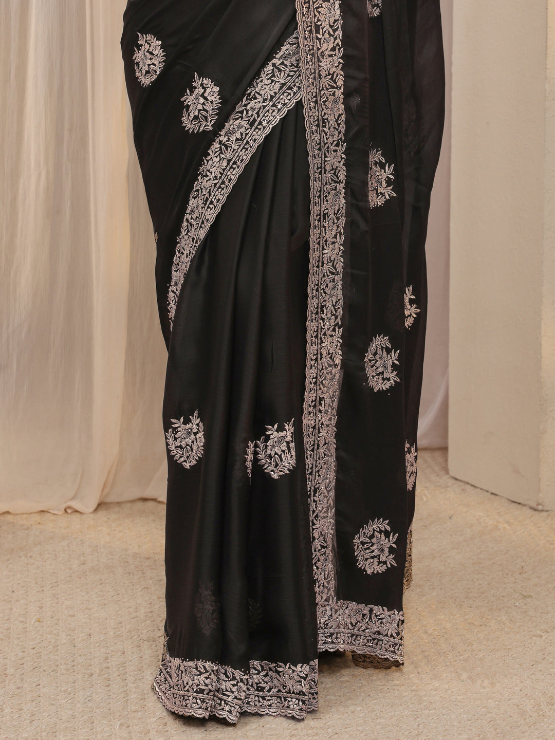  Black Floral Embellished Satin Saree With Unstitched Blouse Piece 
