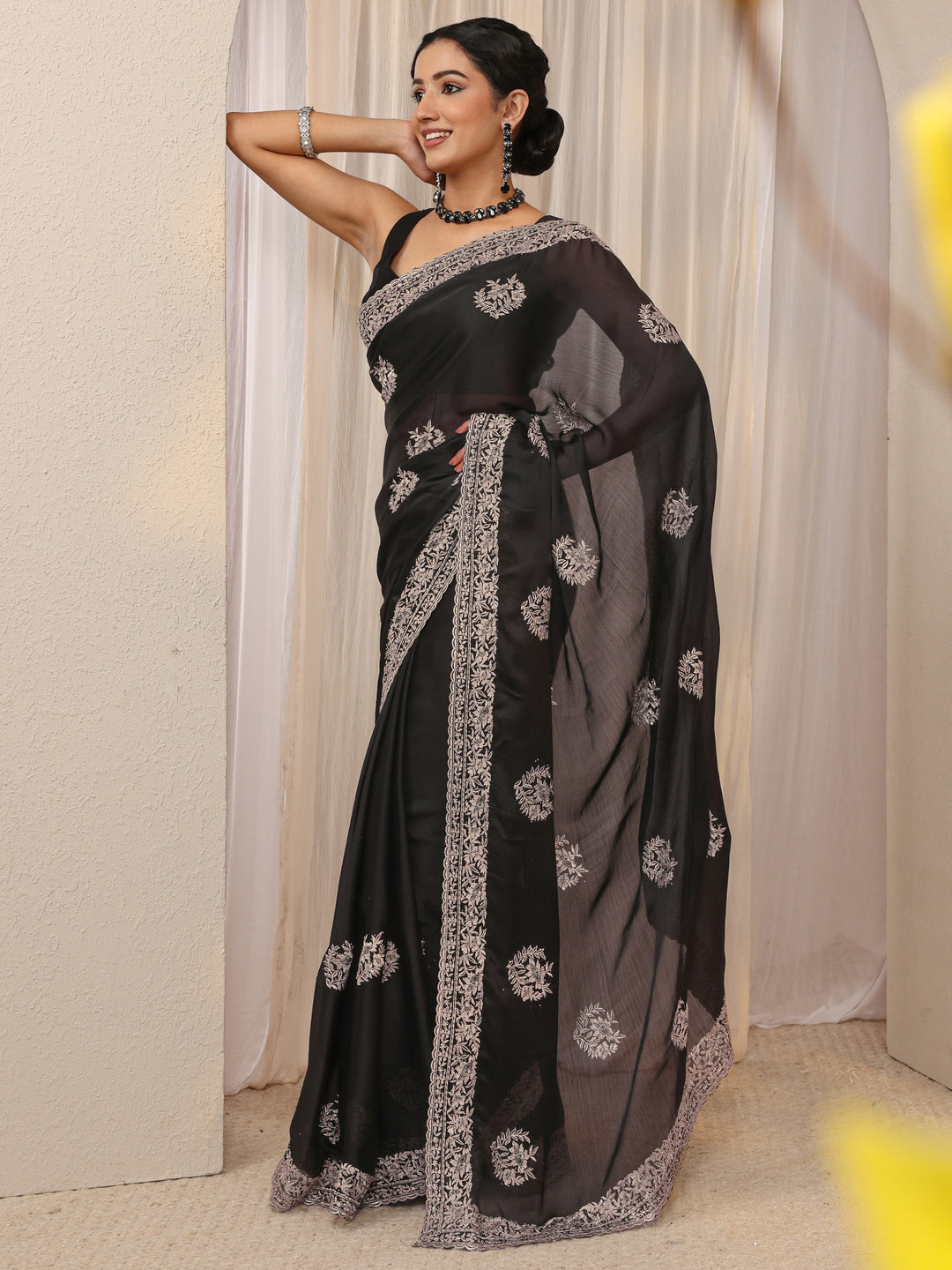  Black Floral Embellished Satin Saree With Unstitched Blouse Piece 