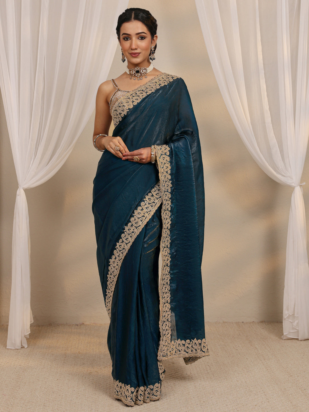  Teal Embellished Tissue Saree With Unstitched Blouse Piece 