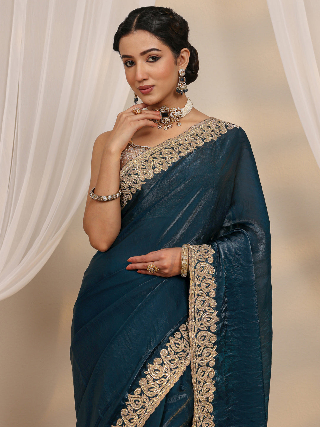  Teal Embellished Tissue Saree With Unstitched Blouse Piece 