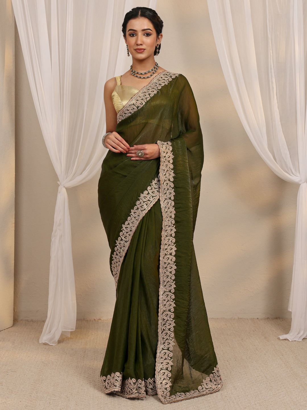  Green Embellished Tissue Saree With Unstitched Blouse Piece 
