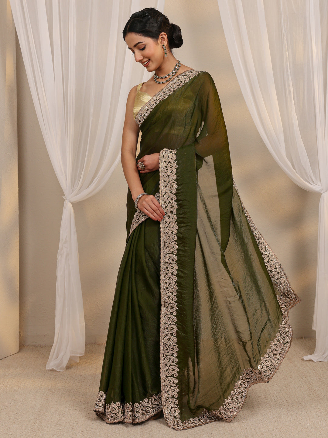  Green Embellished Tissue Saree With Unstitched Blouse Piece 