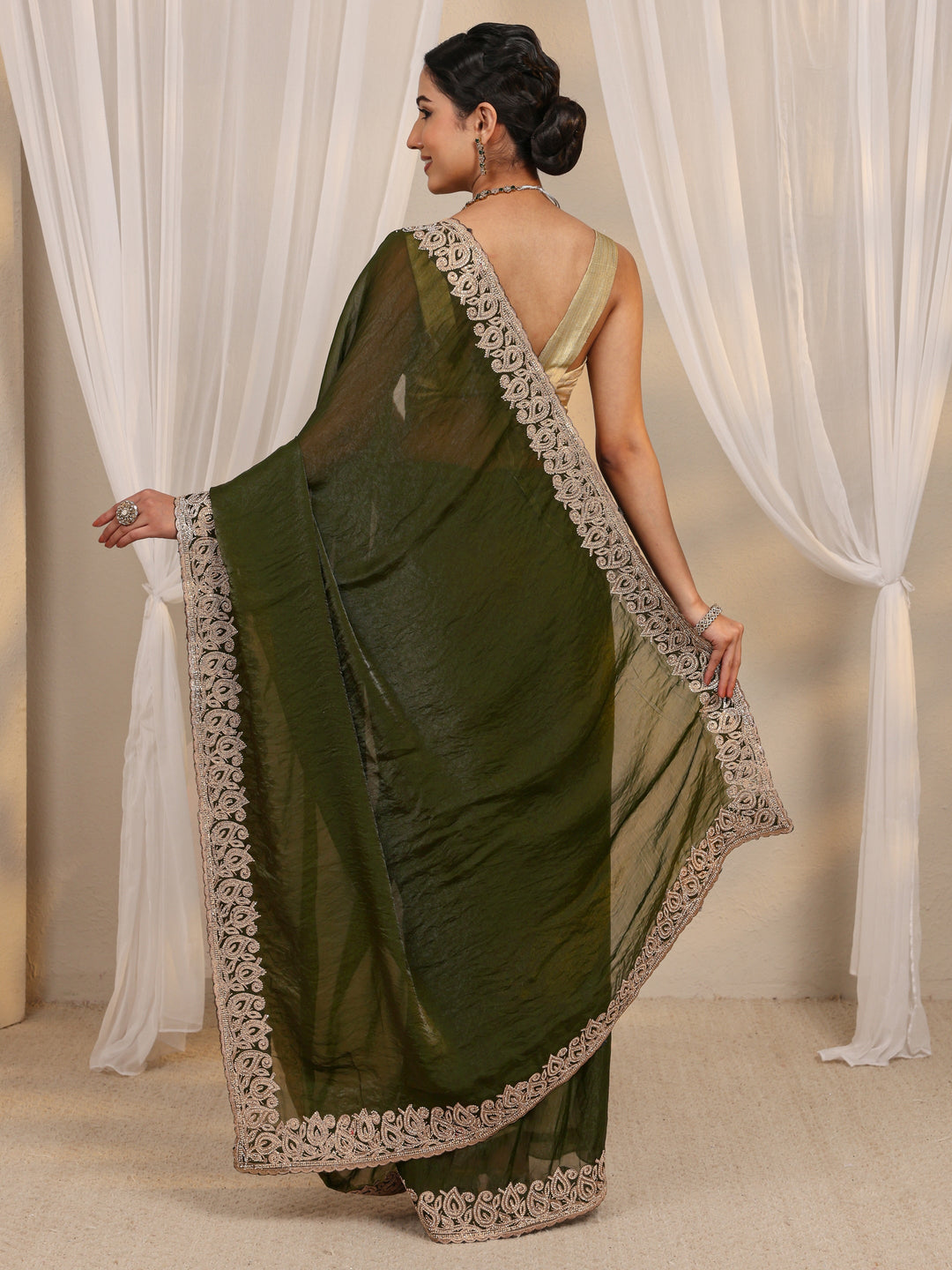  Green Embellished Tissue Saree With Unstitched Blouse Piece 