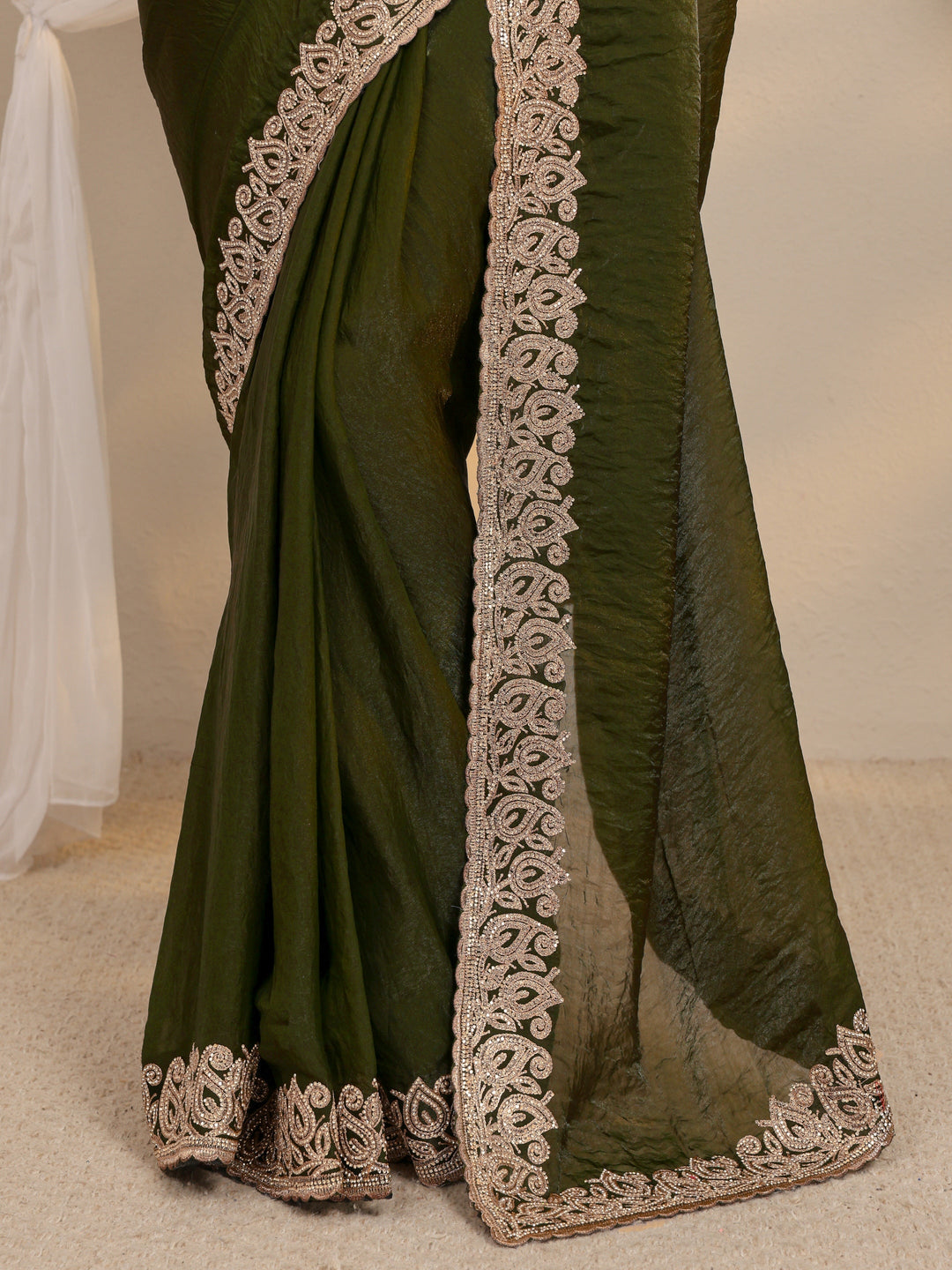  Green Embellished Tissue Saree With Unstitched Blouse Piece 