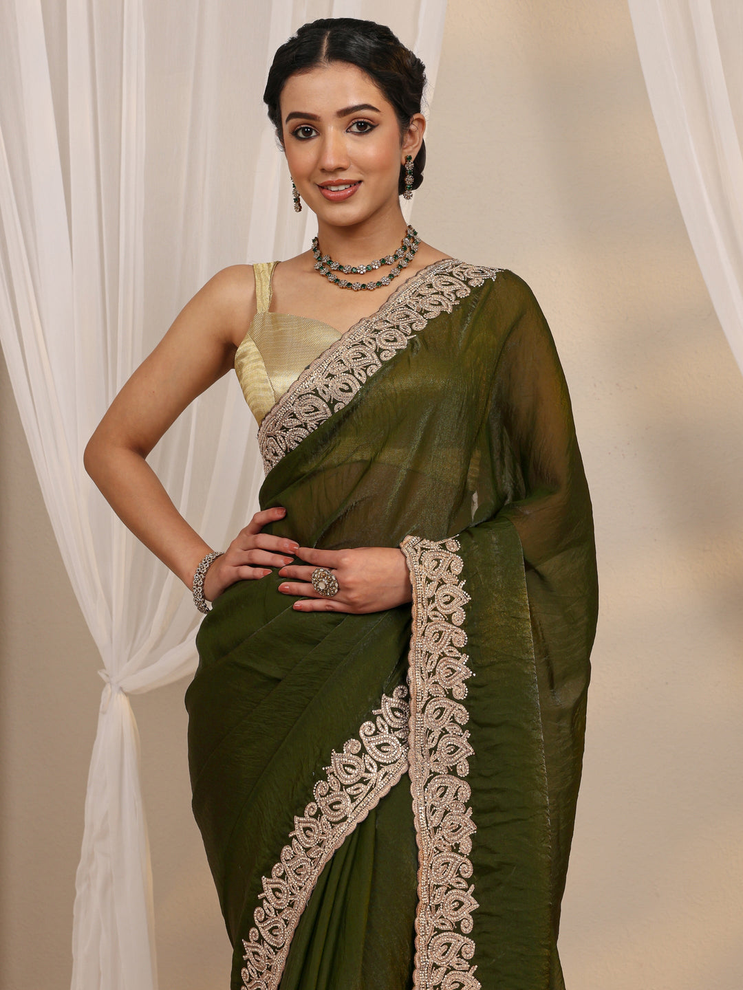  Green Embellished Tissue Saree With Unstitched Blouse Piece 